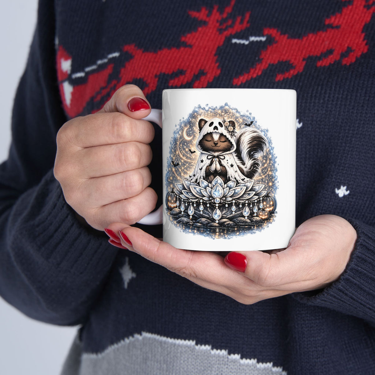 Sterling the Ghost Skunk Mug – Cute Halloween Skunk Coffee Mug | Wickedly Zen Ceramic Mug | Spooky Ghost Gift