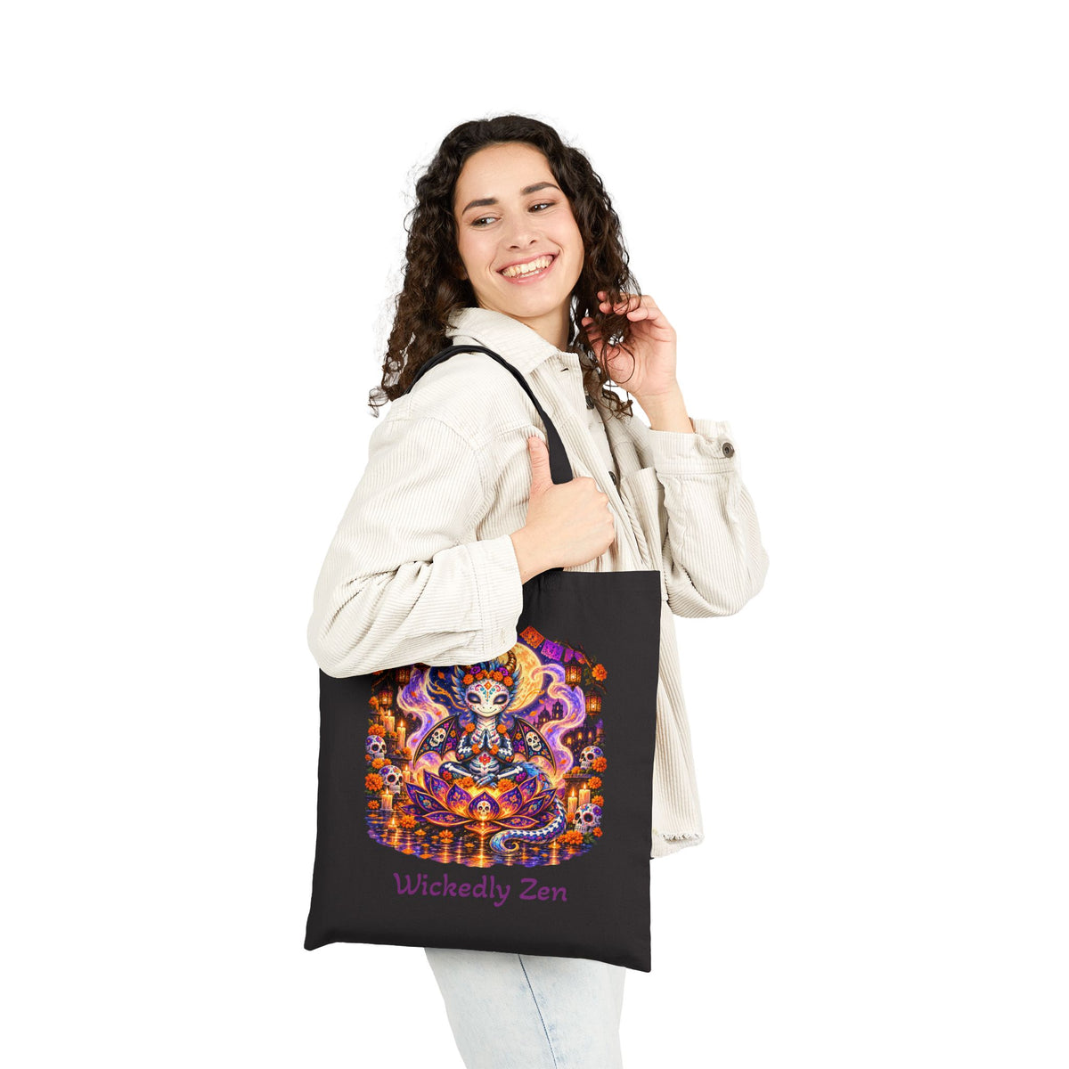 Zephyr the Día de los Muertos Dragon Tote Bag – Colorful Halloween Canvas Tote | Wickedly Zen
