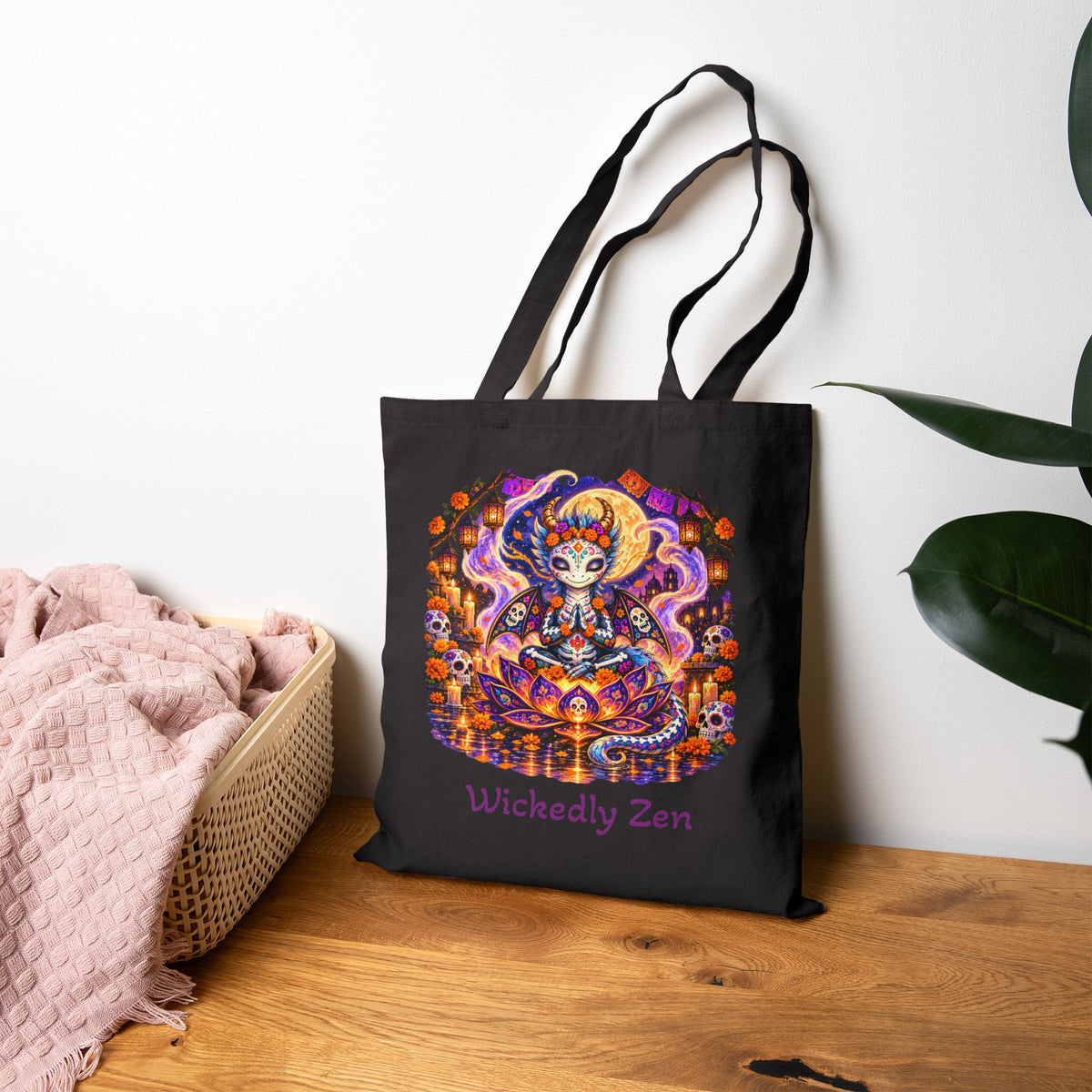 Zephyr the Día de los Muertos Dragon Tote Bag – Colorful Halloween Canvas Tote | Wickedly Zen