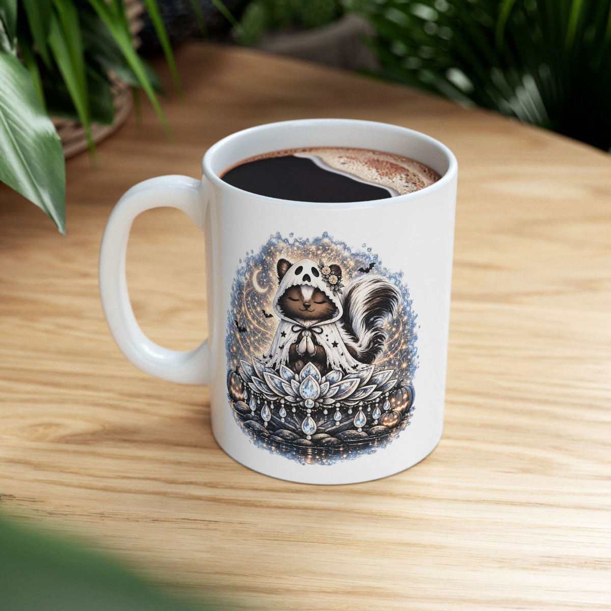 Sterling the Ghost Skunk Mug – Cute Halloween Skunk Coffee Mug | Wickedly Zen Ceramic Mug | Spooky Ghost Gift