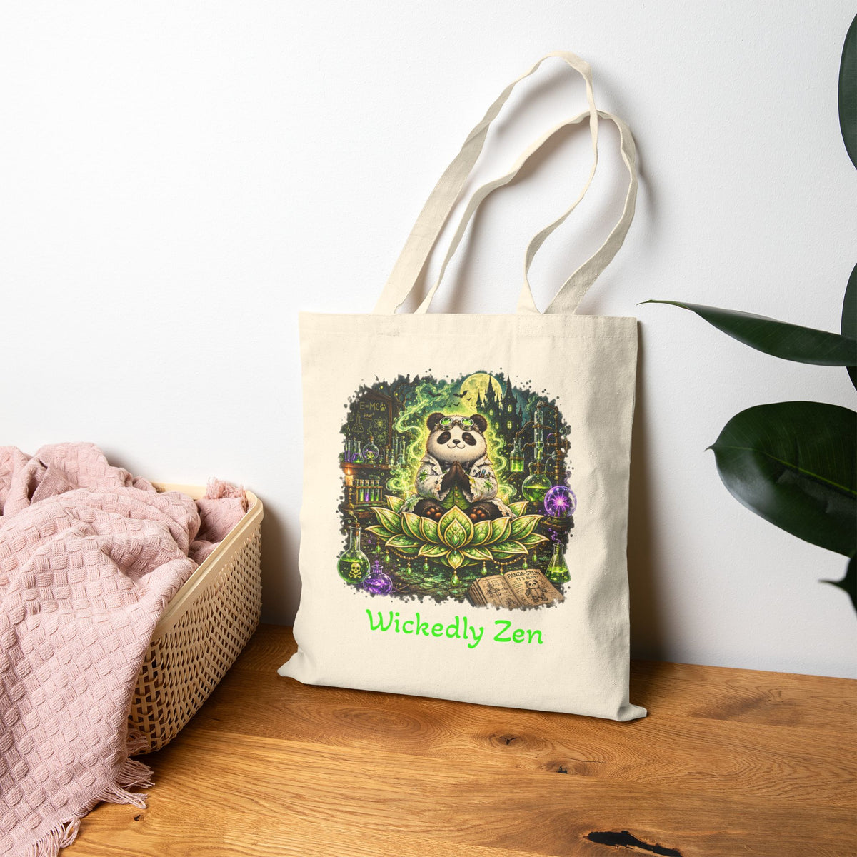 Bamboo the Mad Scientist Tote Bag – Cute Halloween Panda Wickedly Zen Canvas Tote