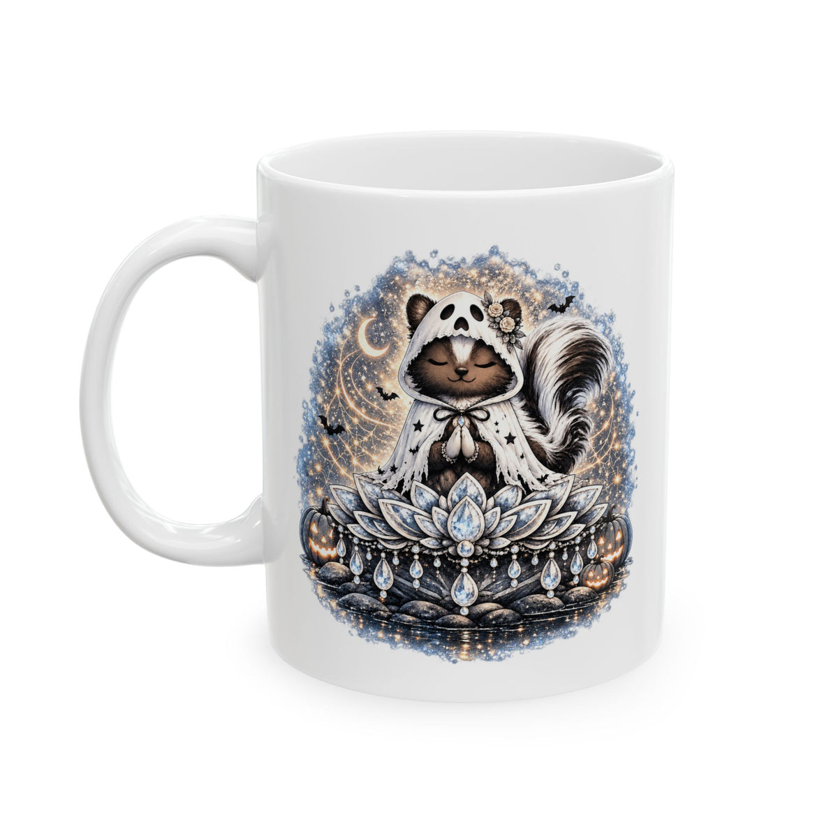 Sterling the Ghost Skunk Mug – Cute Halloween Skunk Coffee Mug | Wickedly Zen Ceramic Mug | Spooky Ghost Gift