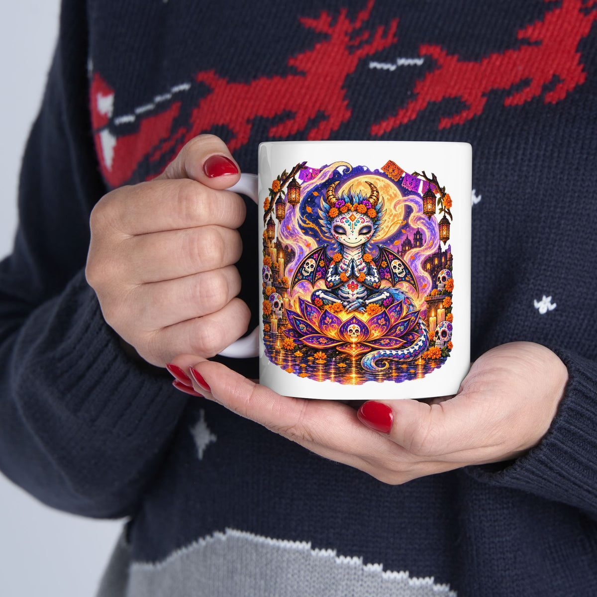 Zephyr Día de los Muertos Dragon Mug – Colorful Halloween Dragon Coffee Mug | Wickedly Zen Ceramic Mug | Fantasy Gift