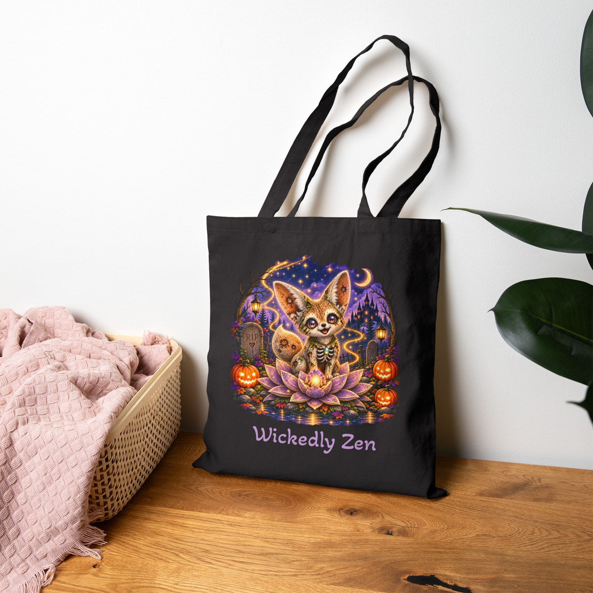 Glimmer the Zombie Fennec Fox Tote Bag – Cute Halloween Wickedly Zen Canvas Tote