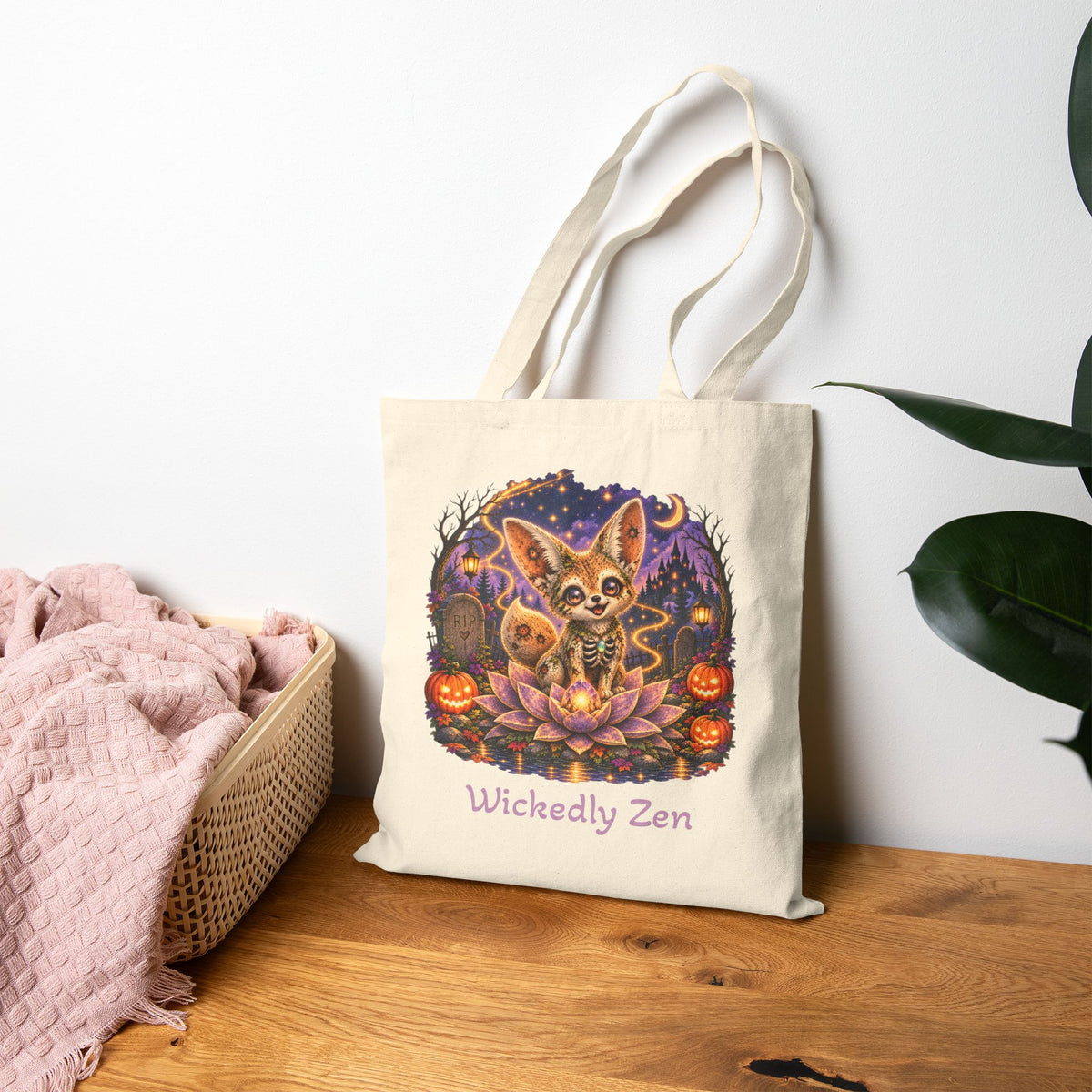 Glimmer the Zombie Fennec Fox Tote Bag – Cute Halloween Wickedly Zen Canvas Tote