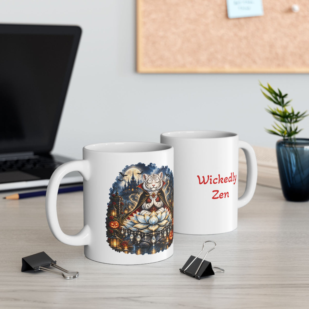 Shiro the Vampire White Tiger Mug – Cute Halloween Tiger Coffee Mug | Wickedly Zen Ceramic Mug | Spooky Vampire Gift
