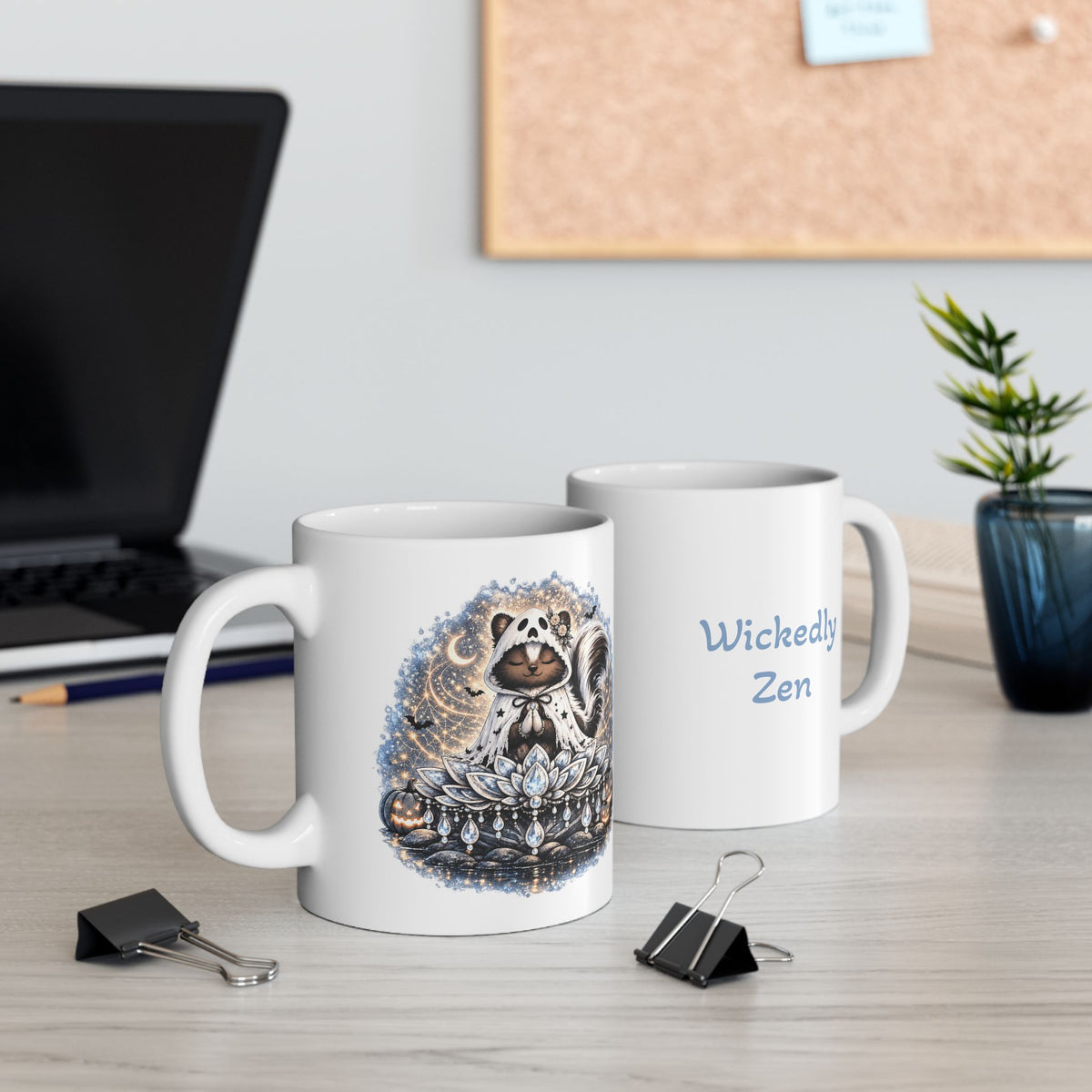 Sterling the Ghost Skunk Mug – Cute Halloween Skunk Coffee Mug | Wickedly Zen Ceramic Mug | Spooky Ghost Gift
