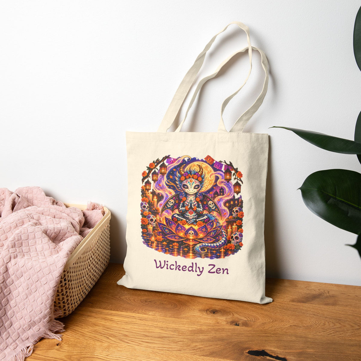 Zephyr the Día de los Muertos Dragon Tote Bag – Colorful Halloween Canvas Tote | Wickedly Zen