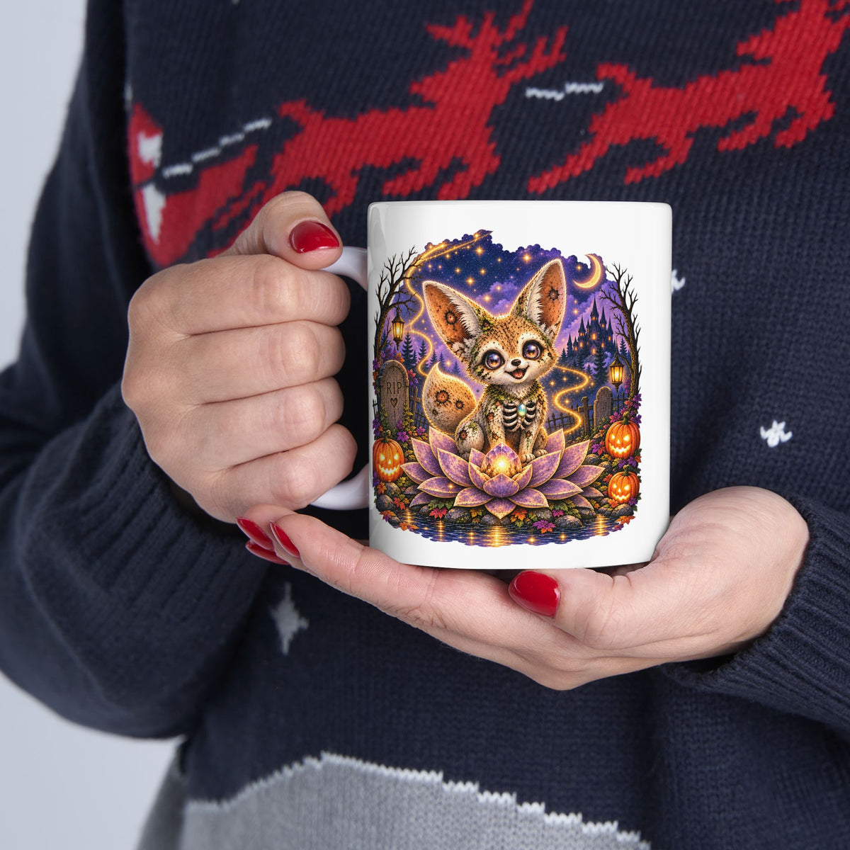 Glimmer the Zombie Fennec Fox Mug – Cute Halloween Fox Coffee Mug | Wickedly Zen Ceramic Mug | Spooky Fall Gift
