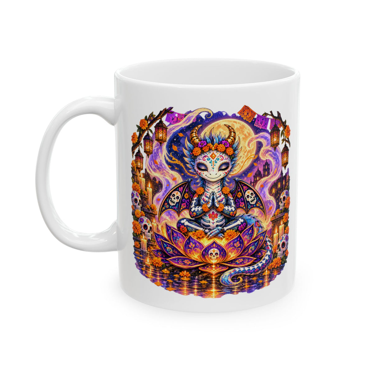 Zephyr Día de los Muertos Dragon Mug – Colorful Halloween Dragon Coffee Mug | Wickedly Zen Ceramic Mug | Fantasy Gift
