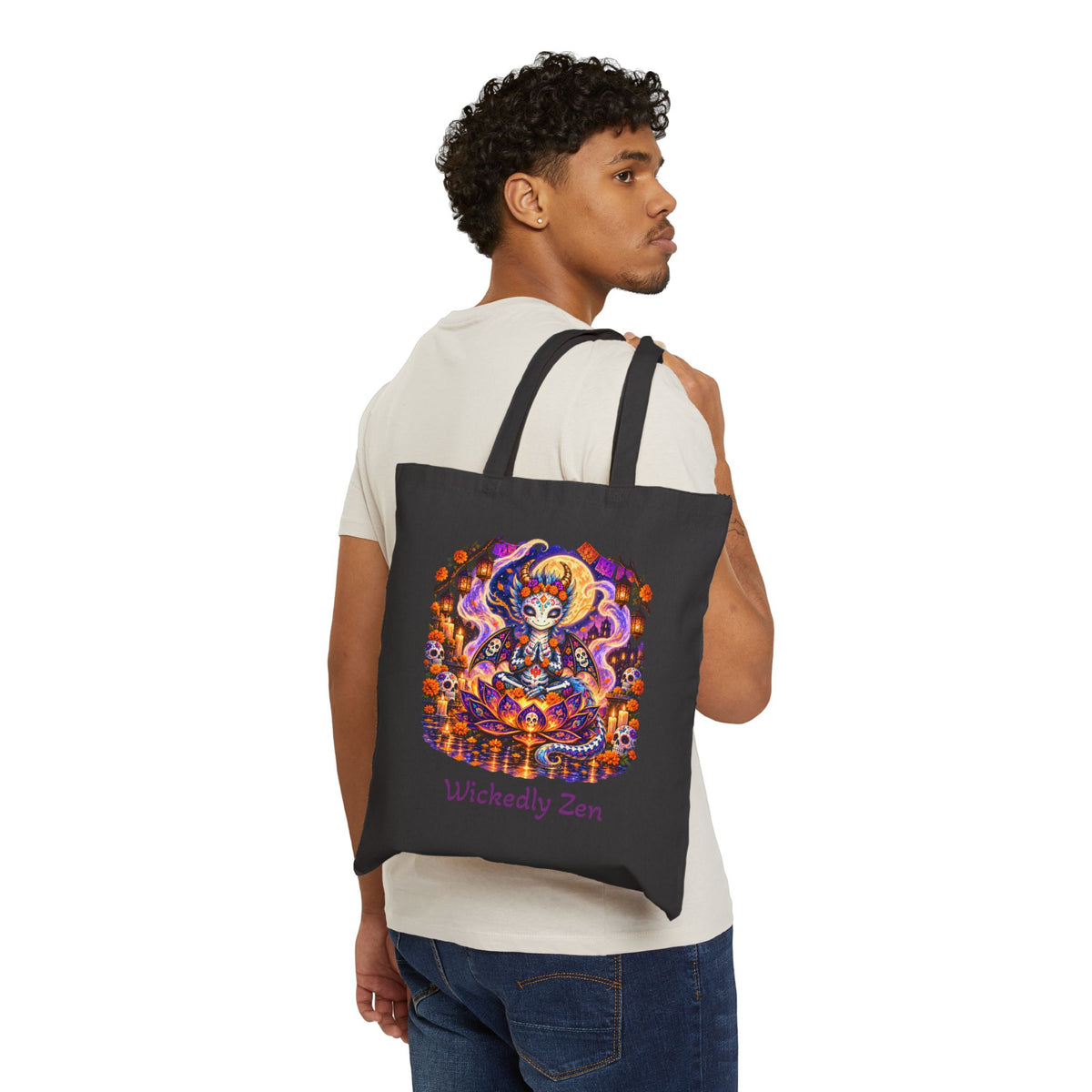 Zephyr the Día de los Muertos Dragon Tote Bag – Colorful Halloween Canvas Tote | Wickedly Zen